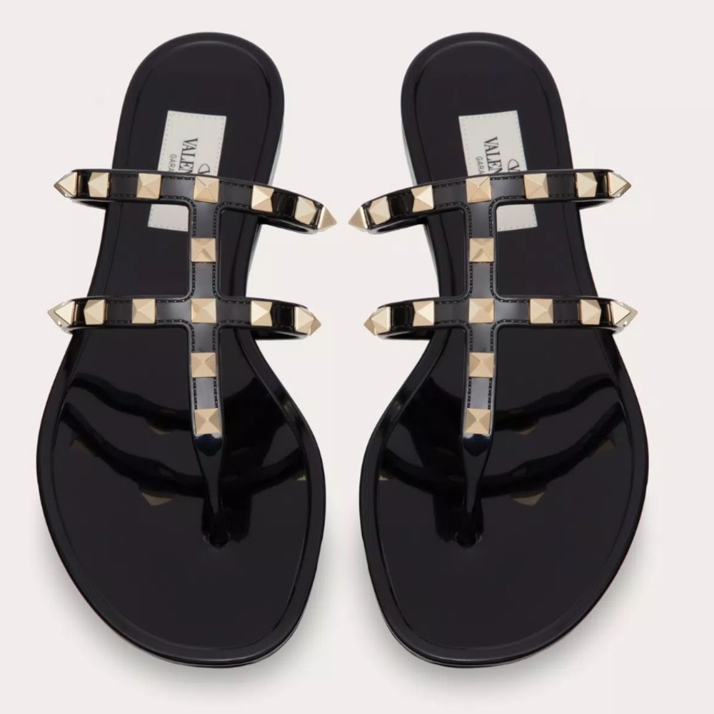 Valentino Garavani Black Sandals with Gold Studs